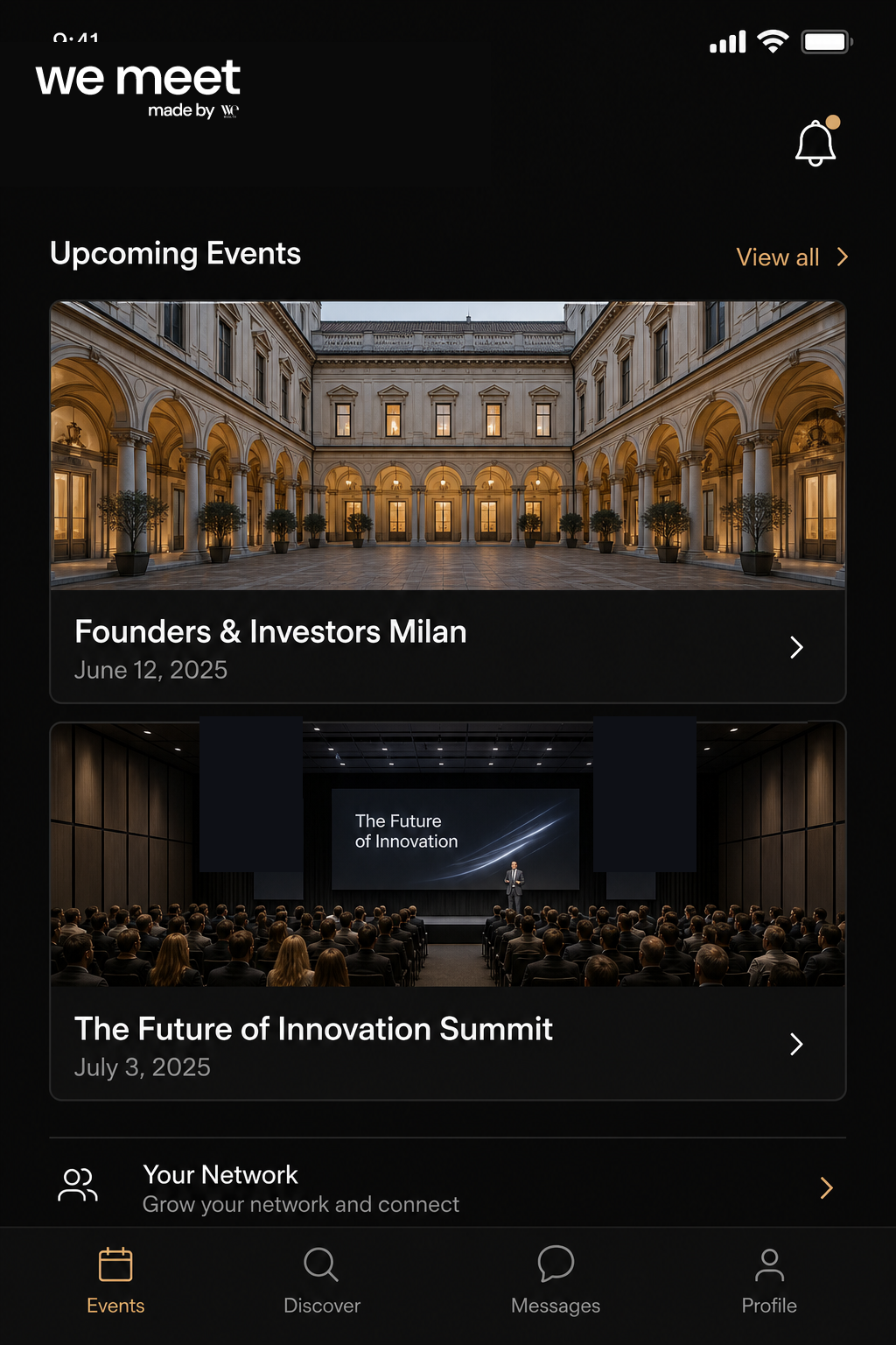 We Meet app — Upcoming Events screen with we meet logo
