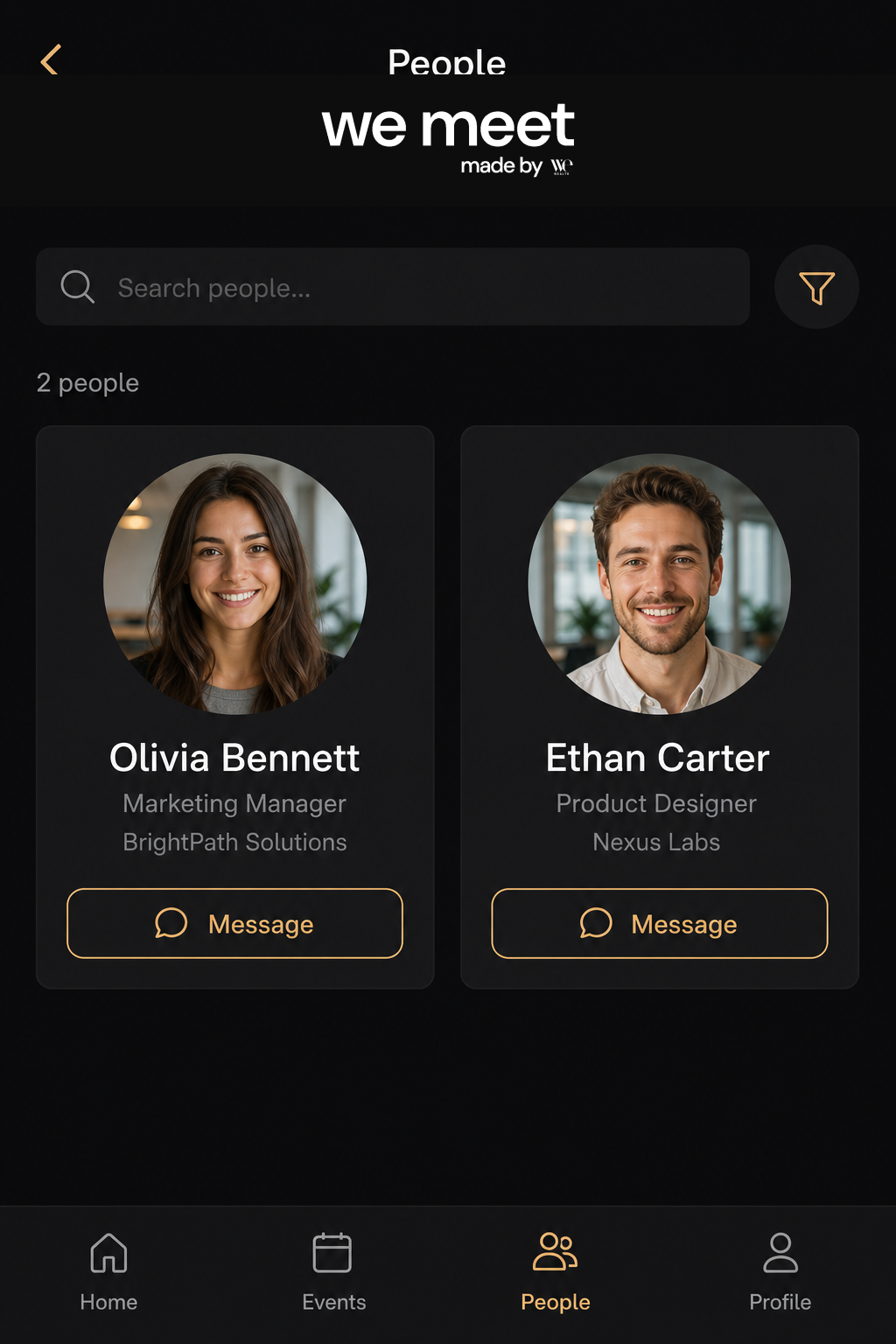 We Meet app — People networking screen with we meet logo